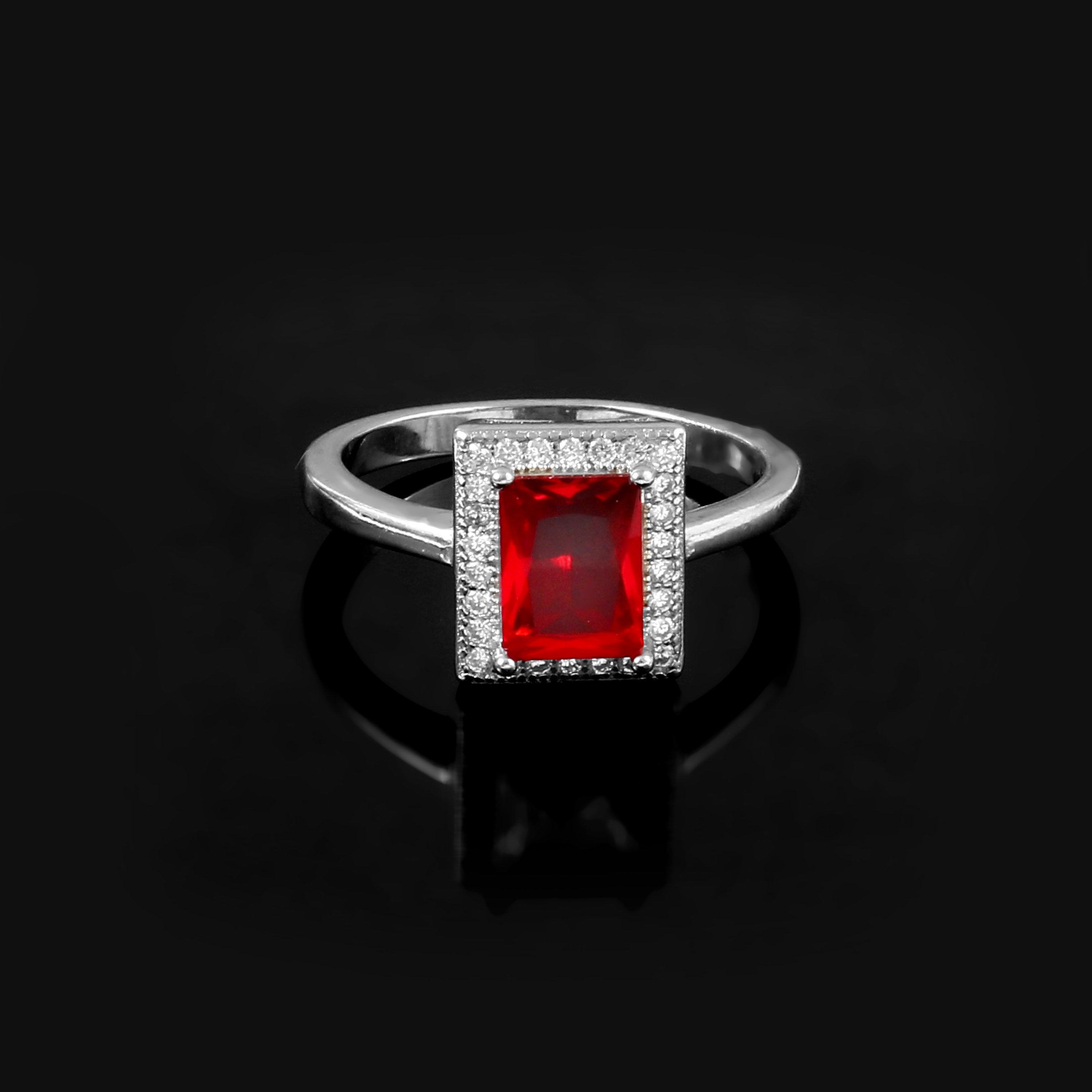 Classic White & Red Zircon Silver Ring