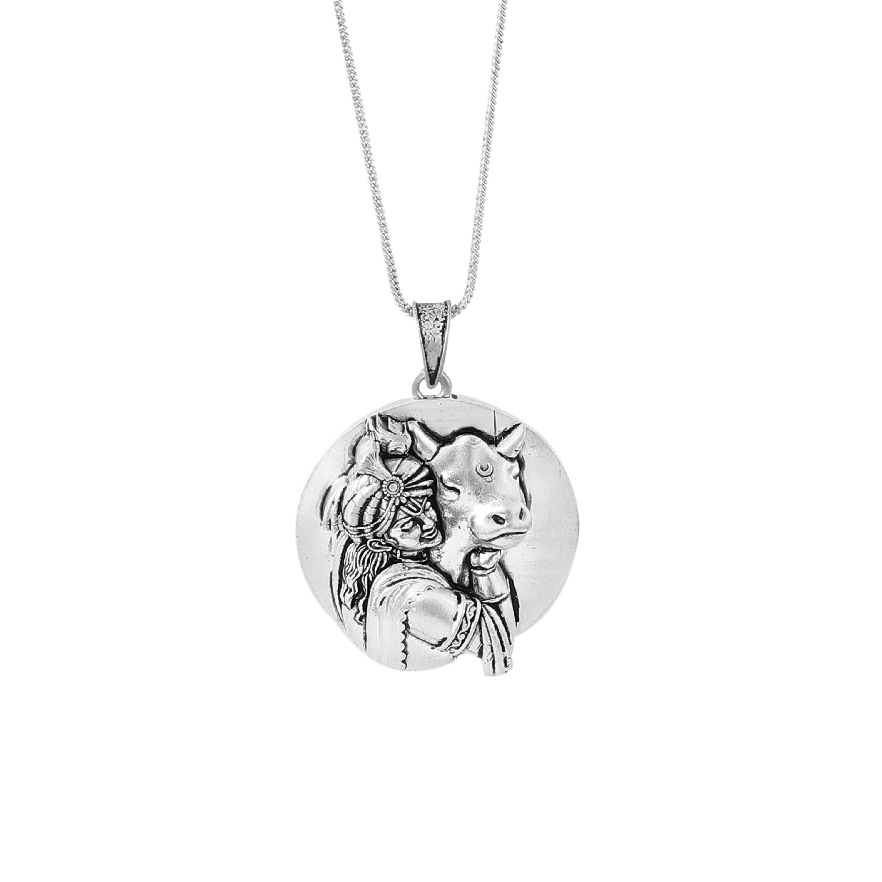 Lord Krishna with Cow Pendant Necklace 925 Sterling Silver