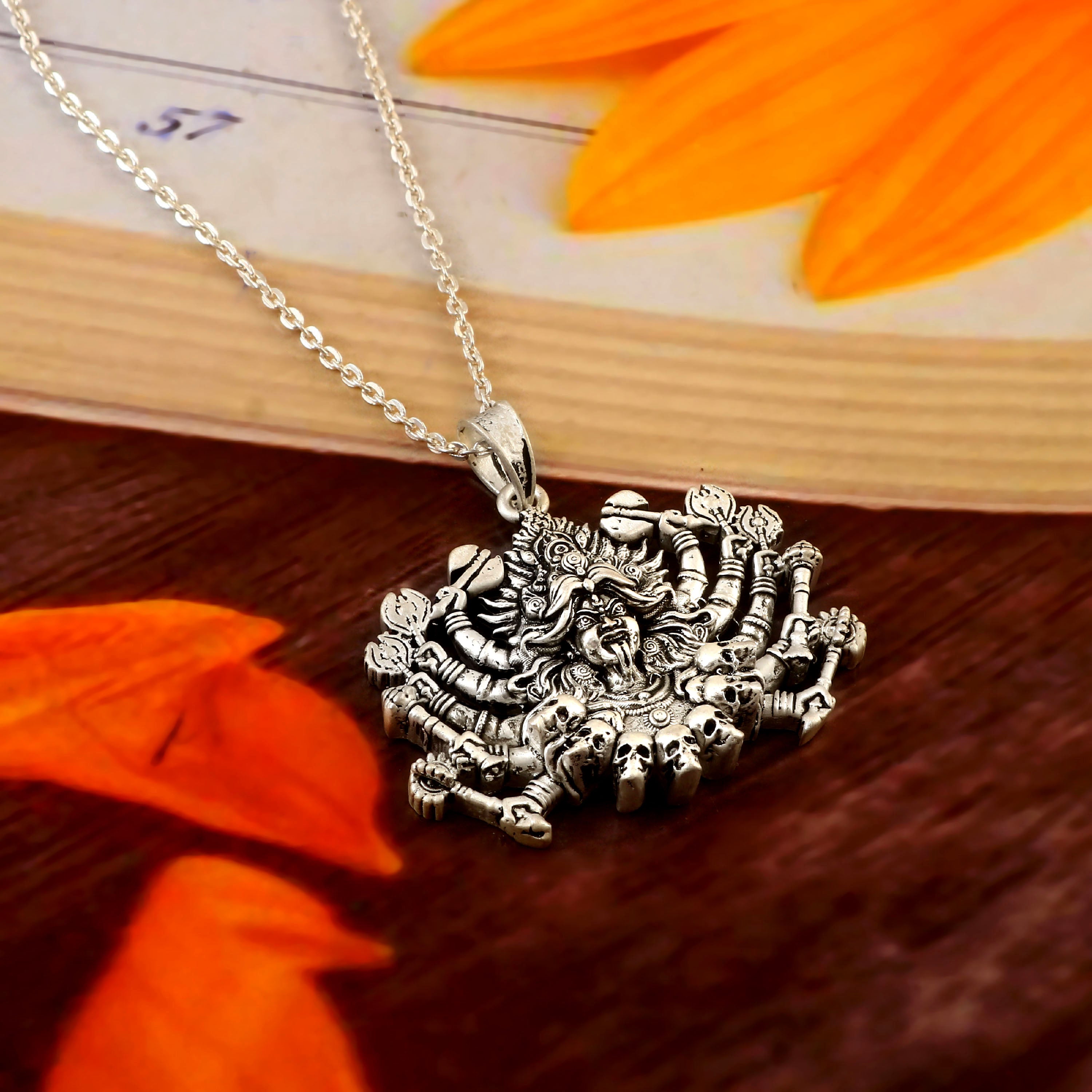 Hindu Lord Kali Mata Pendant Necklace Oxidized 925 Sterling Silver