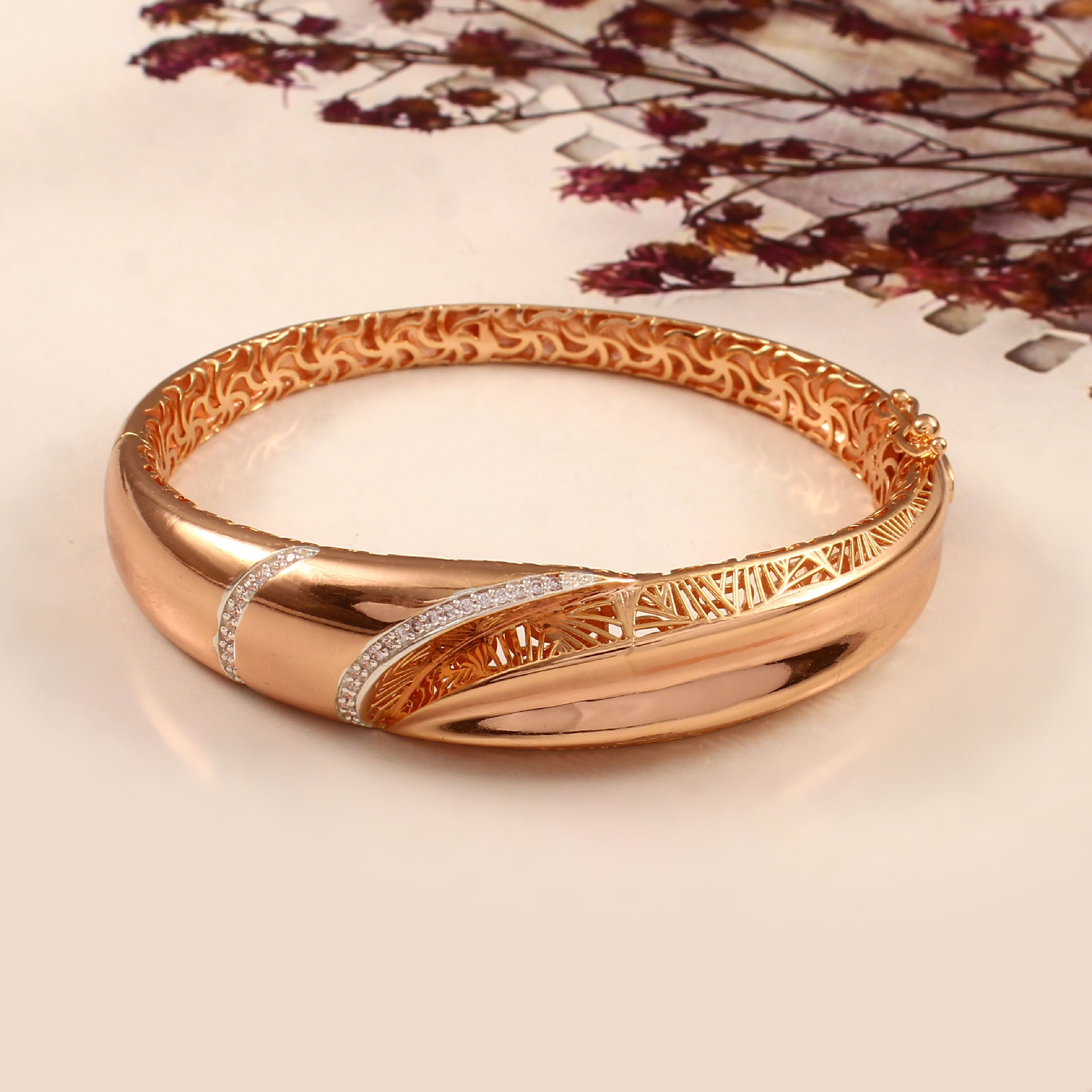 Sparkling CZ Stone Rose Gold Silver Bangle