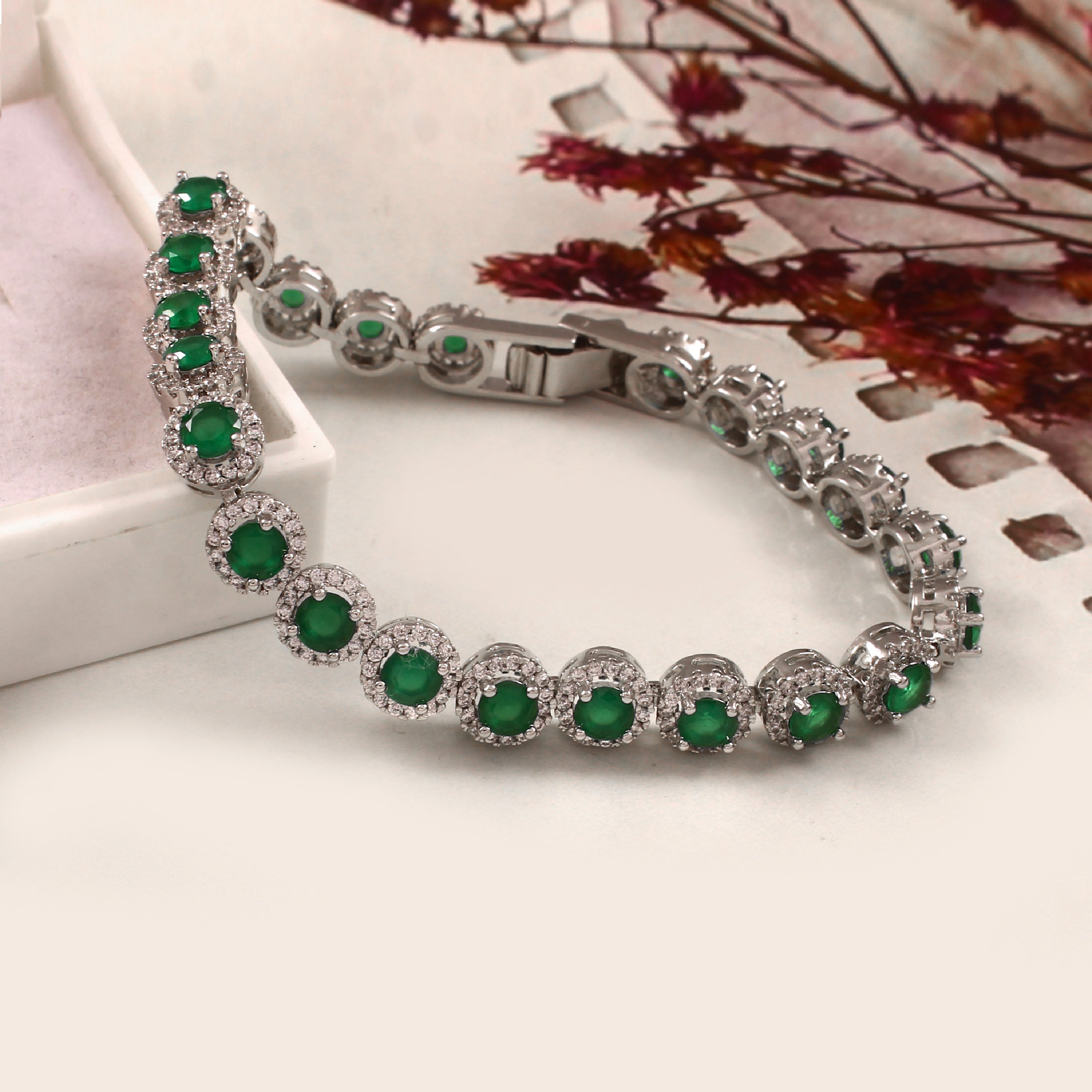 Green Stone CZ 925 Silver Women’s Bracelet