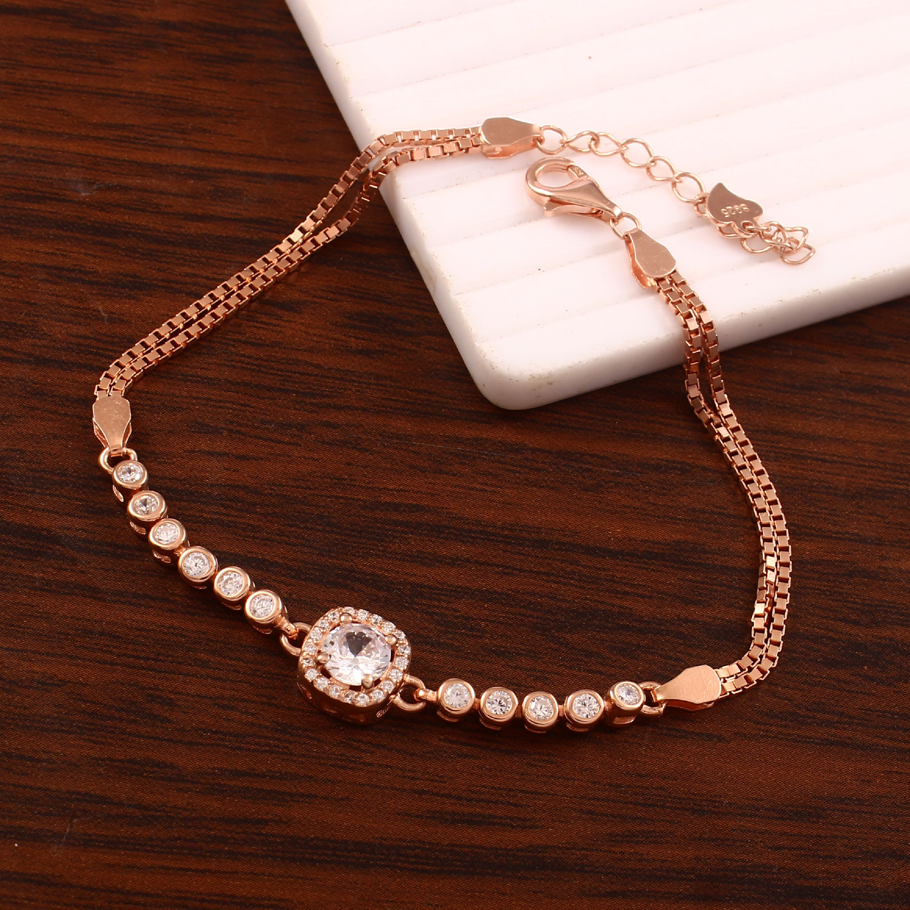 Gold CZ Floral Round 925 Silver Bracelet